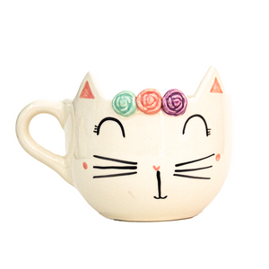 Taza gato blanco flores de colores